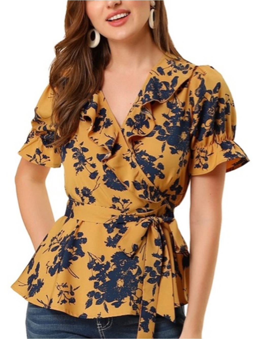 Mustard Floral Wrap Ruffle Blouse • NWT • 21" p2p, 25" length